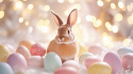 A charming rabbit sits amidst a collection of colorful Easter eggs, surrounded by a soft and dreamy background filled with gentle lights, evoking a festive and joyful spring atmosphere.の素材
