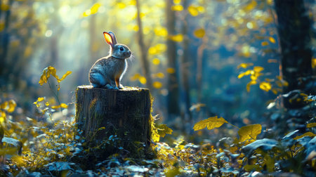 A serene rabbit perched on a tree stump amidst a vibrant forest, with sunlit foliage and soft shadows, capturing the essence of nature's tranquility and beauty.の素材