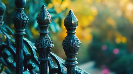 Close-up view of an ornate metal fence featuring decorative finials, set against a softly blurred garden background bathed in warm sunlight.の素材