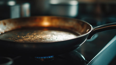 A close-up view of a glowing metal pan resting on a modern kitchen stove. The surface shows signs of previous cooking, reflecting a warm ambiance.の素材