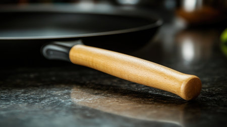 A detailed view of a wooden handle on a sleek black frying pan, showcasing the blend of modern design and practical cooking tools in a cozy kitchen environment.の素材