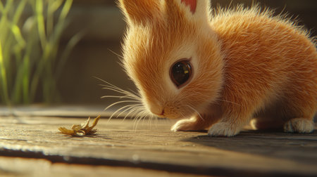 A charming baby rabbit curiously examines a tiny flower on a rustic wooden surface, capturing the essence of innocence and playful exploration in nature.の素材
