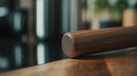 A beautifully crafted wooden rolling pin rests on a kitchen countertop, showcasing its smooth surface and rich wood grain. Perfect for culinary settings.の素材