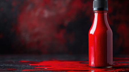 A striking image of a bottle filled with vibrant red liquid, with a dramatic spill on a dark textured surface, perfect for artistic and creative projects.の素材