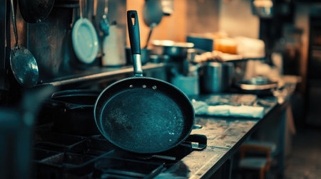 A vintage kitchen scene featuring a frying pan on a weathered counter with various cookware. This warm, inviting atmosphere captures the essence of culinary creativity.の素材