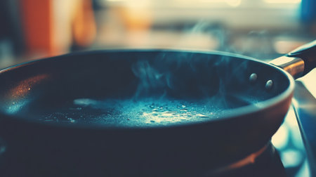 A close-up view of a steaming frying pan with droplets of water, capturing the essence of culinary art and cooking in a modern kitchen setting.の素材