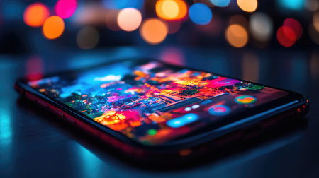 A stunning close-up of a vibrant smartphone display with colorful app icons, illuminated against a blurred bokeh background of city lights at night.の素材