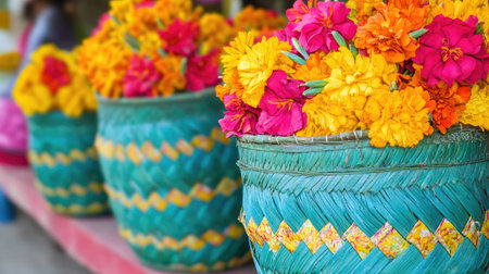 A beautiful display of vibrant flowers in woven baskets showcases an array of colors. This image captures the essence of nature's beauty, perfect for seasonal themes.の素材