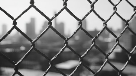 A black and white photograph showcasing an urban skyline viewed through a chain link fence. The image emphasizes depth, structure, and contrast in a modern city setting.の素材