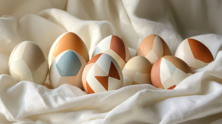 A collection of colorful geometric patterned eggs arranged on soft white fabric. This artistic display captures modern design and festive spirit beautifully.の素材
