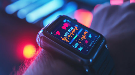A close-up of a smartwatch displaying heart rate and fitness data at night, surrounded by colorful glowing lights, showcasing modern technology and health monitoring trends.の素材
