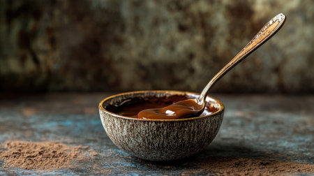 A beautifully arranged bowl of rich chocolate sauce accompanied by a silver spoon, set against a rustic backdrop. Perfect for food photography.の素材