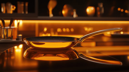 A glossy frying pan rests elegantly on a reflective kitchen countertop illuminated by warm lighting, showcasing modern kitchen aesthetics and culinary design.の素材