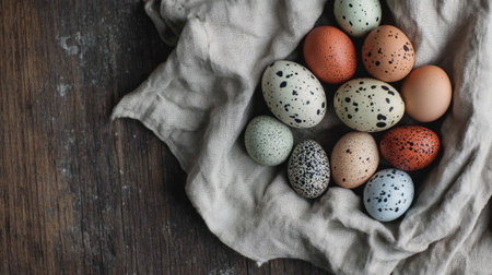 A beautiful arrangement of colorful natural eggs on a rustic linen cloth. The speckled and solid colors add charm, perfect for seasonal celebrations or culinary presentations.の素材