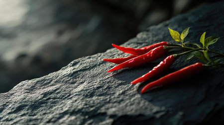 A stunning close-up of fresh red chili peppers resting on a dark stone surface, accompanied by vibrant green leaves, creating a visually striking natural composition.の素材