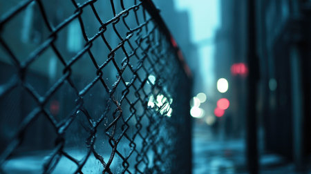 An atmospheric urban nighttime scene featuring a chain link fence in focus, with blurred streetlights in the background creating a moody and introspective feel.の素材