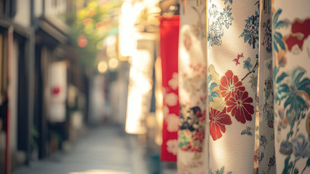 A tranquil alleyway adorned with colorful fabric lanterns showcasing intricate floral designs. The warm sunlight enhances the peaceful atmosphere, inviting exploration.の素材
