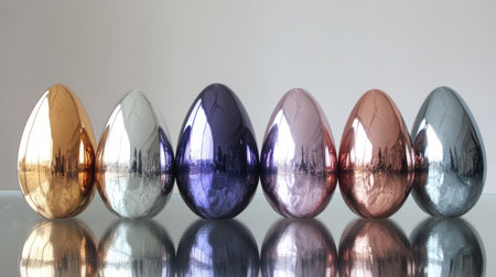 A stunning display of decorative metallic eggs in various colors arranged on a reflective surface, showcasing modern design and elegance perfect for seasonal celebrations.の素材