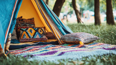 A vibrant camping scene featuring a cozy tent adorned with colorful textiles, pillows, and blankets, set in a lush green environment perfect for relaxation and outdoor enjoyment.の素材