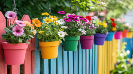 A charming scene featuring an array of vibrant flower pots hanging on a brightly painted wooden fence, showcasing diverse blooms in a lively garden setting.の素材
