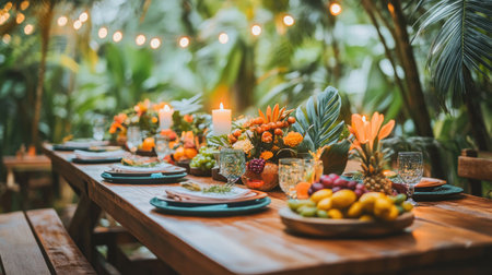 A beautifully arranged tropical dinner table featuring fresh fruits, vibrant flowers, and soft candlelight, creating an inviting ambiance for gatherings.の素材