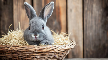 A charming grey rabbit rests comfortably in a straw basket against a rustic wooden background, exuding cuteness and tranquility in this delightful scene.の素材