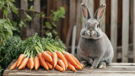 An adorable gray rabbit sits next to a bunch of fresh carrots on a rustic wooden table, showcasing a harmonious blend of nature, pet life, and healthy living.の素材