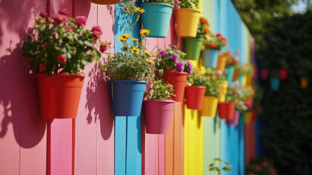 A stunning display of colorful flower pots hanging against a vibrant wall fills the scene with life and joy. This image captures the essence of outdoor gardening beauty.の素材
