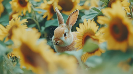 A charming rabbit sits quietly among vivid sunflowers, creating a delightful scene in a lush green field. Bright colors evoke tranquility and joy.の素材