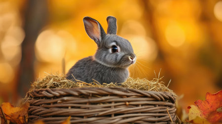 A charming gray rabbit sits peacefully in a woven basket filled with hay, surrounded by vibrant autumn leaves, perfectly capturing the essence of serene wildlife in nature.の素材