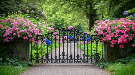 A stunning garden gate adorned with vibrant pink and blue flowers invites visitors into a peaceful landscape, showcasing nature's beauty and tranquility.の素材