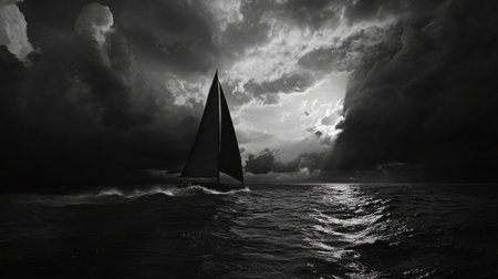 A breathtaking scene of a solitary sailboat navigating through dark, turbulent waters under an ominous sky. The image captures the contrast between light and shadow, evoking a sense of adventure and solitude on the ocean.の素材
