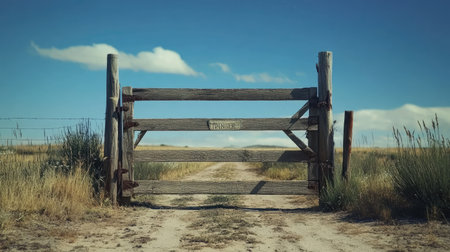 A rustic wooden gate stands at the end of a dirt road, inviting exploration into expansive fields under a clear blue sky, embodying a serene rural landscape.の素材
