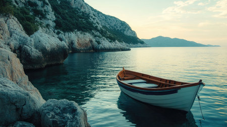 A small boat floats gently in calm waters, framed by rugged cliffs. The scene evokes tranquility and natural beauty during a stunning dusk light. Perfect for travel themes.の素材