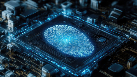 A digital fingerprint over a futuristic circuit board, symbolizing identity verification and technology innovation in security systems and data protection.の素材