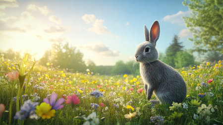 A cute rabbit rests among vibrant wildflowers in a sunlit field, capturing the beauty of nature in spring. The scene evokes tranquility and joy.の素材