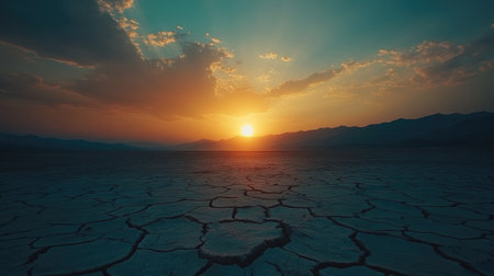 Experience a stunning sunset over a dry, cracked landscape. The warm colors of the evening sky contrast beautifully with the rugged terrain, creating a serene atmosphere.の素材