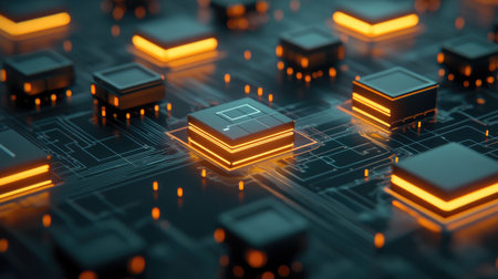This vibrant image showcases a futuristic circuit board featuring glowing microchips and intricate patterns, perfect for technology and innovation themes.の素材