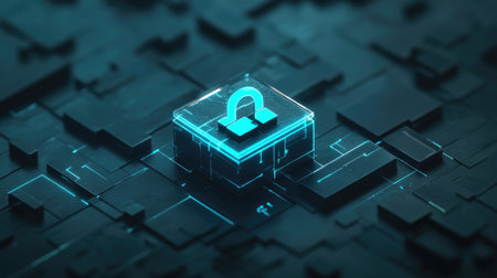 A captivating digital unlocked symbol stands out against a futuristic technology background, showcasing innovation and security in a visually striking abstract design.の素材