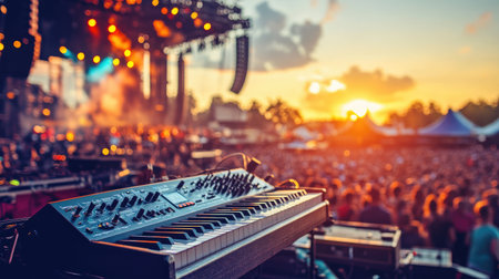 Capturing the essence of a vibrant music festival at sunset, this image showcases a keyboard in the foreground with a lively crowd and stage lighting in the background, creating a captivating atmosphere.の素材