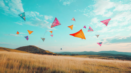 A stunning scene of colorful kites soaring in a bright blue sky over a picturesque landscape, evoking feelings of joy and freedom in nature.の素材