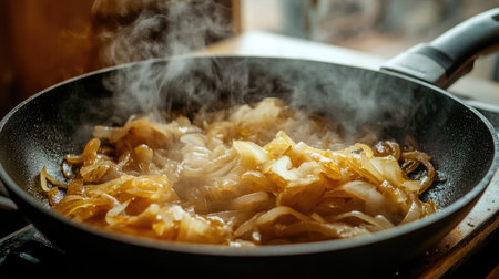 A close-up of onions sizzling in a nonstick frying pan, surrounded by rising steam. This image captures the essence of cooking and the delicious aroma of sautの素材