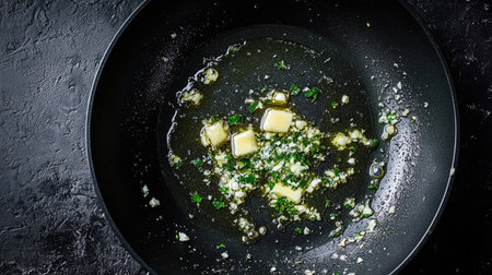 A close-up view of butter melting in a pan with fresh herbs and garlic, showcasing the cooking process. Perfect for culinary use and food styling.の素材