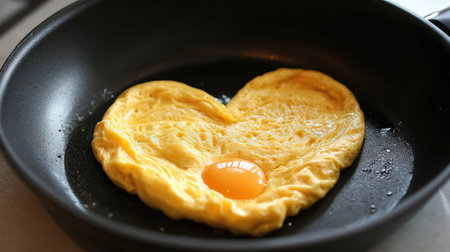 A heart-shaped omelette cooks in a frying pan, featuring a bright yolk at its center. Ideal for breakfast or brunch, this dish symbolizes love and creativity in cooking.の素材