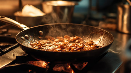 A close-up view of almonds frying in a skillet, surrounded by steam in a warm kitchen. This image captures the essence of culinary arts and healthy cooking.の素材