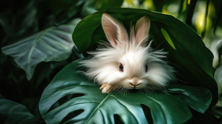 A cute fluffy white rabbit rests peacefully under large green tropical leaves, blending seamlessly into its lush surroundings, creating a serene, enchanting scene.の素材