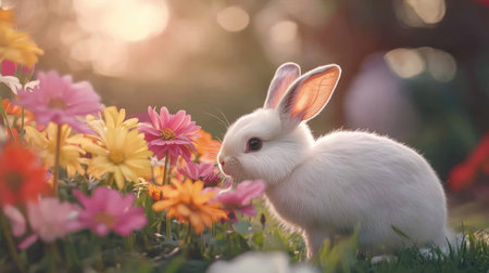 A charming white rabbit explores a vibrant patch of flowers, basking in soft natural light. This serene scene captures the beauty of nature in spring.の素材