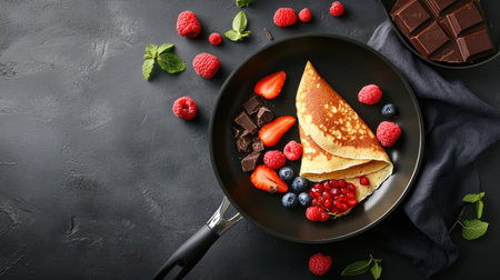 A delicious plate of freshly made crepes filled with assorted berries and dark chocolate, beautifully arranged on a black surface for an appetizing presentation.の素材