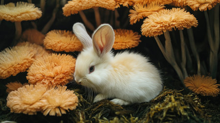 A charming white rabbit nestled among bright orange mushrooms creates a magical scene in nature. This vibrant image captures the essence of wildlife and tranquility.の素材