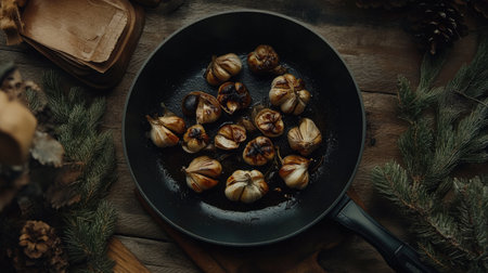 A top view of roasted garlic cloves in a black frying pan on a rustic wooden table. Perfect for showcasing cooking, ingredients, and food styling.の素材